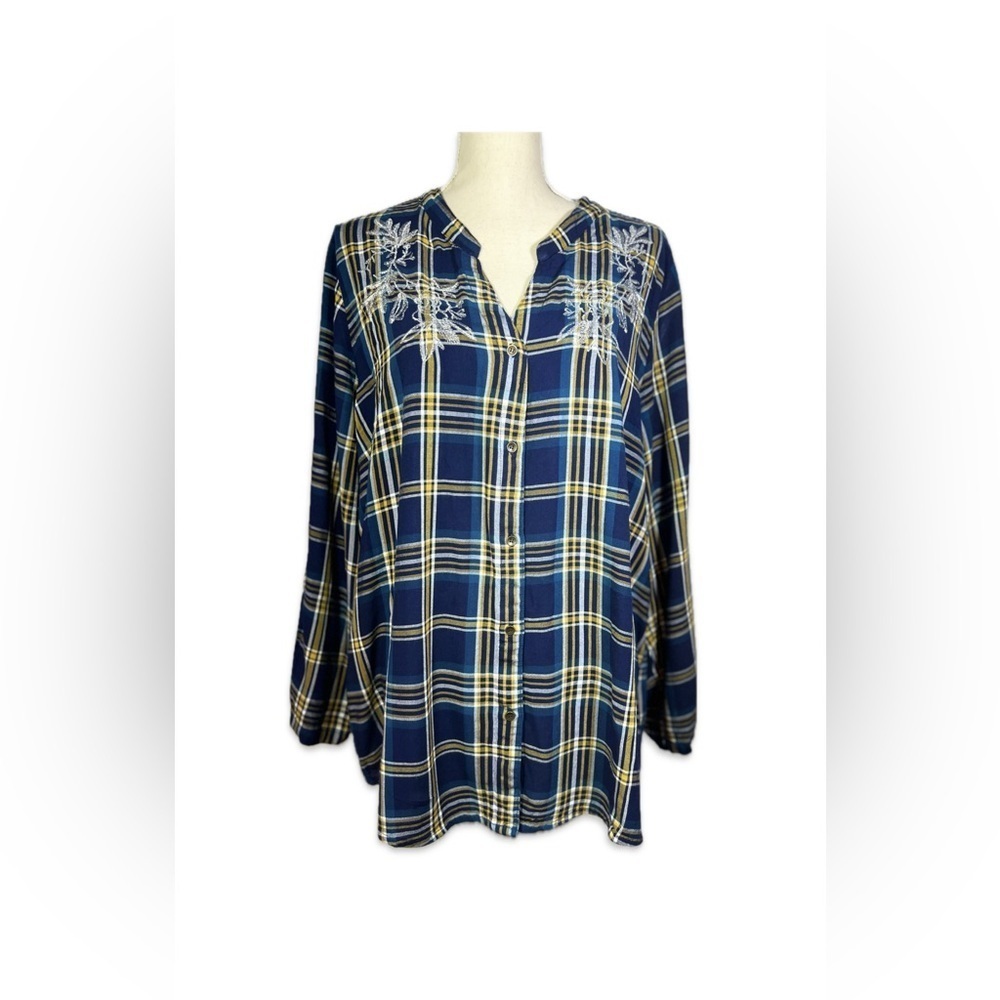 Simply Emma Plaid Button Down Shirt 3X Rayon Embroidered Boho Cottagecore